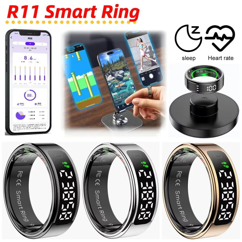 R11 Smart Ring with Display Screen and Touch Heart Rate Blood Oxygen Monitor Ring Wireless Charging Smartring for Android & Ios
