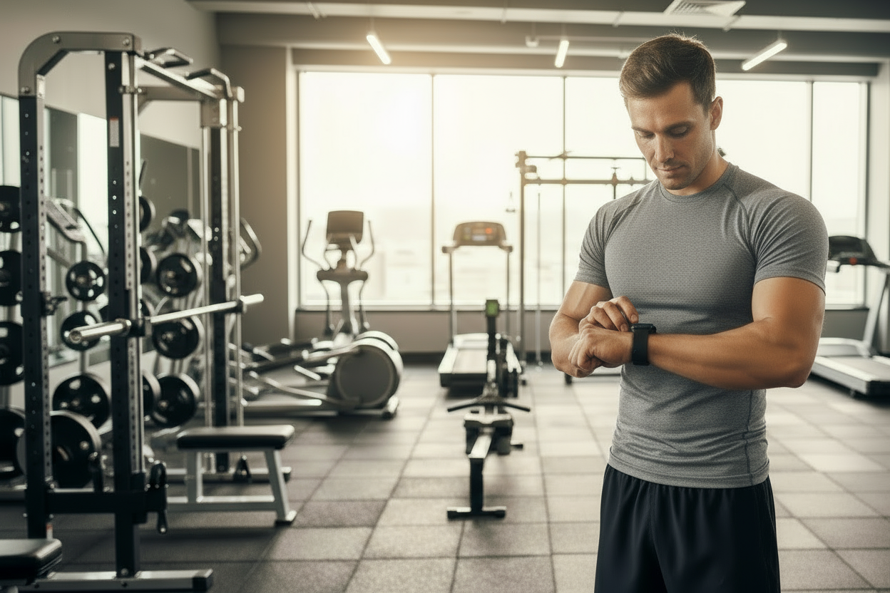 Create an image of a man in the gym looking at the watch on his wrist to monitor his heart rate.”